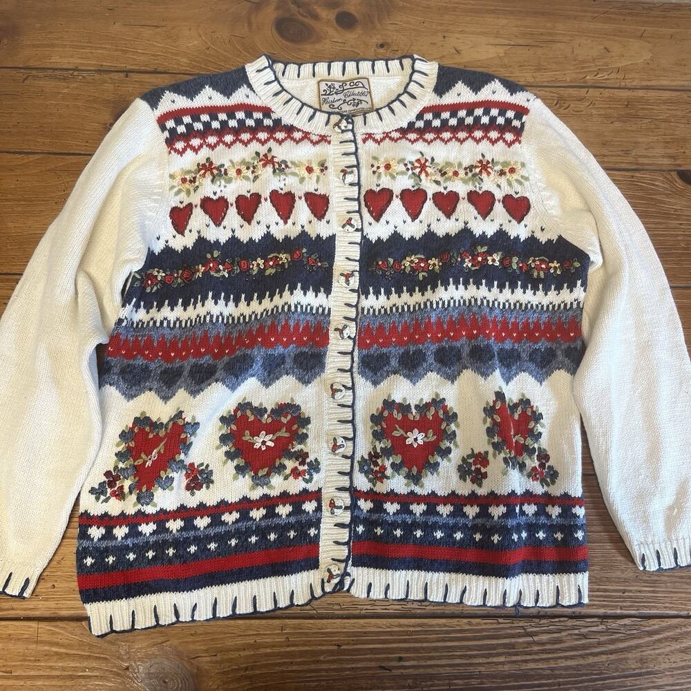Vintage Heirloom Collectibles Cardigan Hearts Fair Isle NWT Medium